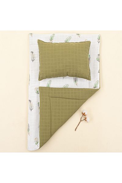 Yunikobaby Double Sided Muslin Bottom - Changing or Opening Mat and Pillow - Dark Pistachio Green Muslin - Green Feather