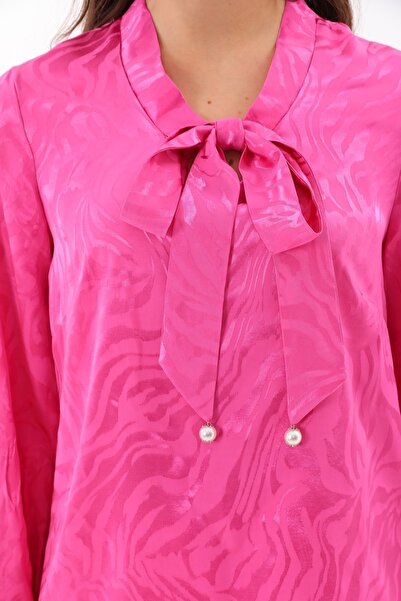 Loom Boutique Women's Large Size Winter Satin Fuchsia Tie Collar Blouse B0049