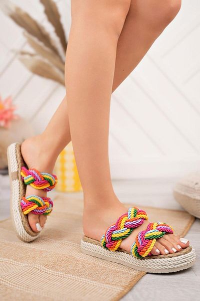 Ramer Rainbow White Stripe Knitted Rope Slippers