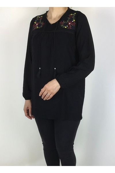ECE GİYİM Γυναικεία μπλούζα Viscose - Λεπτομέρεια κεντήματος με γιακά με κορδόνια και ελαστικά μανίκια