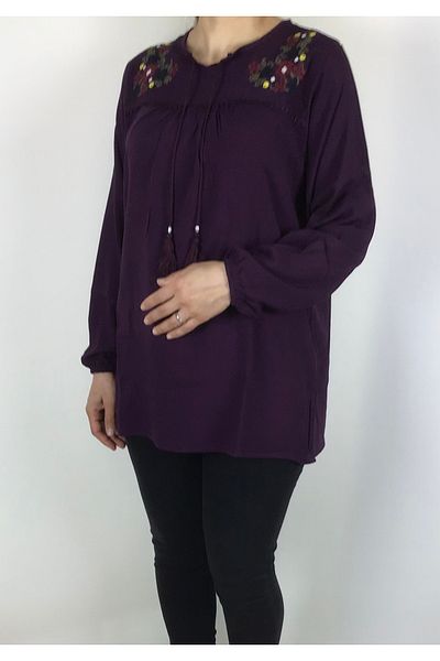 ECE GİYİM Γυναικεία μπλούζα Viscose - Λεπτομέρεια κεντήματος με γιακά με κορδόνια και ελαστικά μανίκια