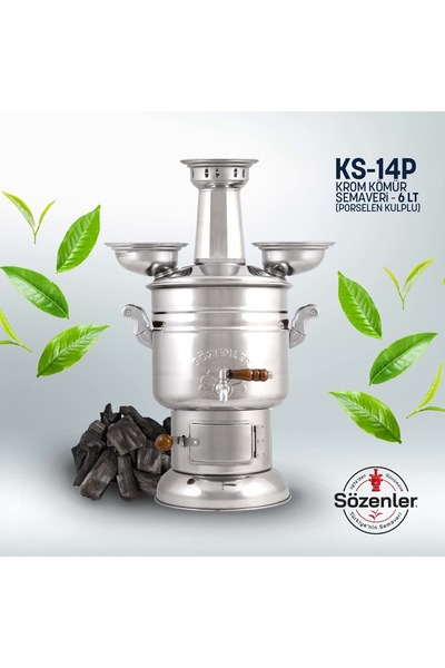 Genel Markalar KS14 (6 LT) PORSELEN KULP KROM KÖMÜRLÜ ODUNLU SEMAVER TAŞIMA Ç...