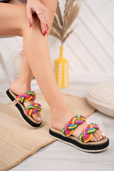 Ramer Παντόφλες με σχοινί Rainbow Black Stripe