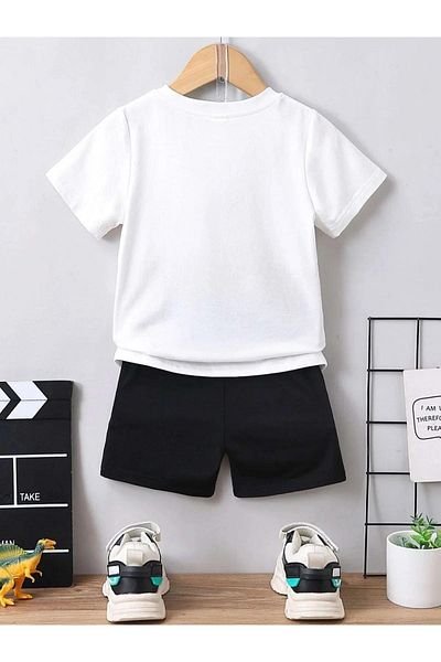 AMMA Powergirls Printed Children's T-Shirt and Shorts Set - White Black 100% Cotton Set of 2