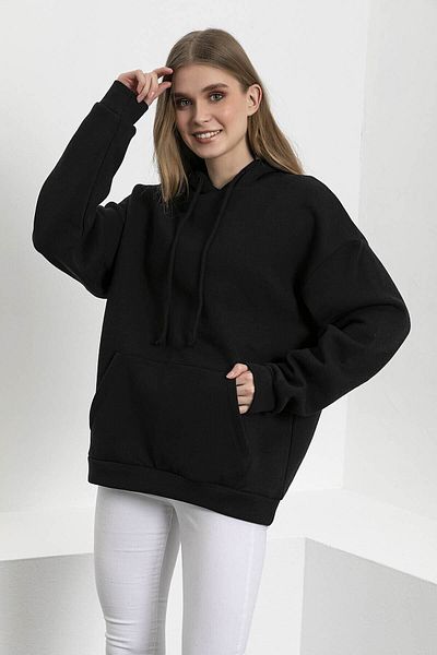 SALAS MODA Черен суичър с качулка с джоб на кенгуру