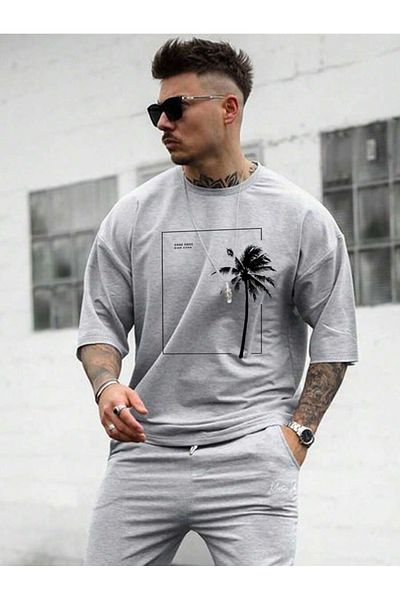 Moda Glo Gray Oversize Palm Printed Men's T-Shirt - Short Sleeve