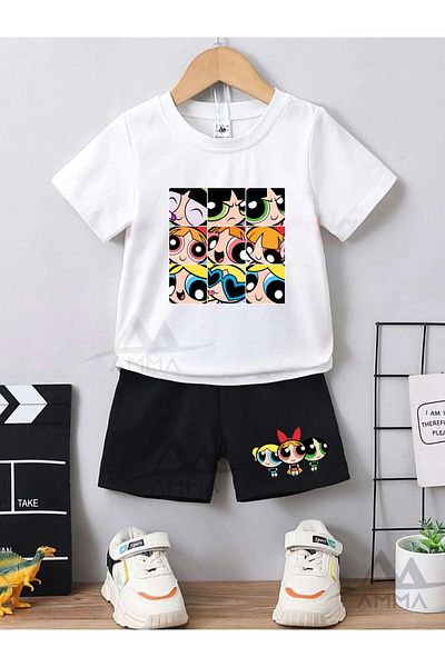 AMMA Powergirls Printed Children's T-Shirt and Shorts Set - White Black 100% Cotton Set of 2