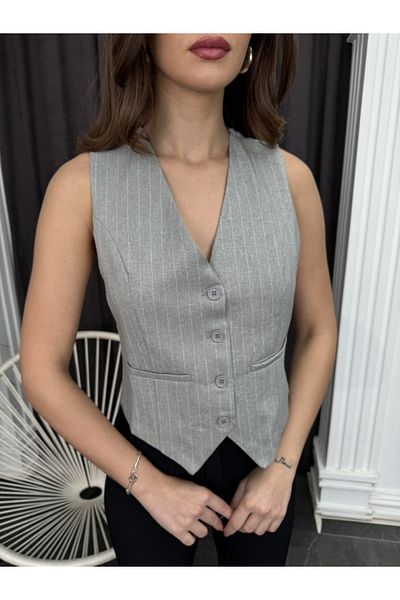 Elif Özbey Butik Gray Striped Design Vest