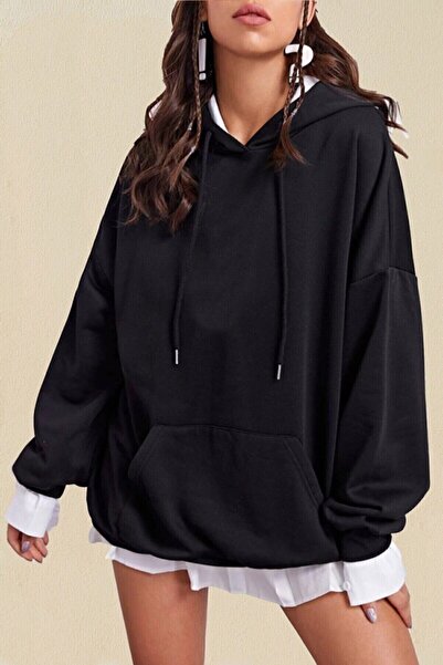 Genel Markalar Blackjackgiyim Düz Siyah Kapüşonlu Oversize Sweatshirt Pamuklu