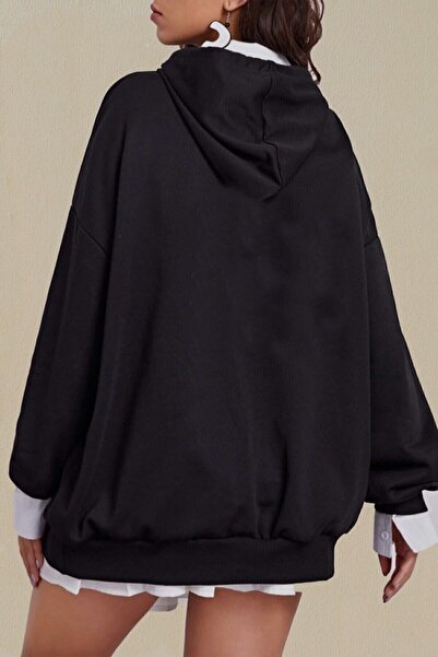 Genel Markalar Blackjackgiyim Düz Siyah Kapüşonlu Oversize Sweatshirt Pamuklu