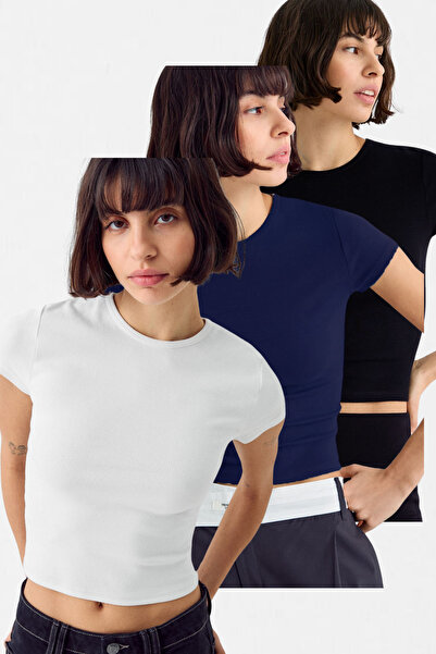 VODENS Alb Negru Bleumarin - Set Body Femei 3 Piese 100% Bumbac