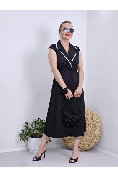 Felix Butik FELİX12034 Yaka Biyeli Kruvaze Ara Boy Siyah Elbise