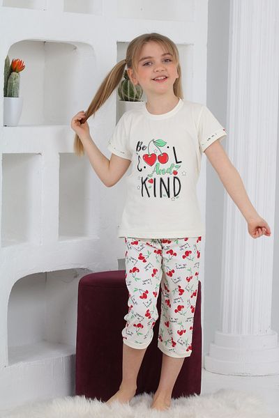 KAPİKİDS Ecru Girl's Pajama Set - Short Sleeve, Crew Neck, Cherry Print