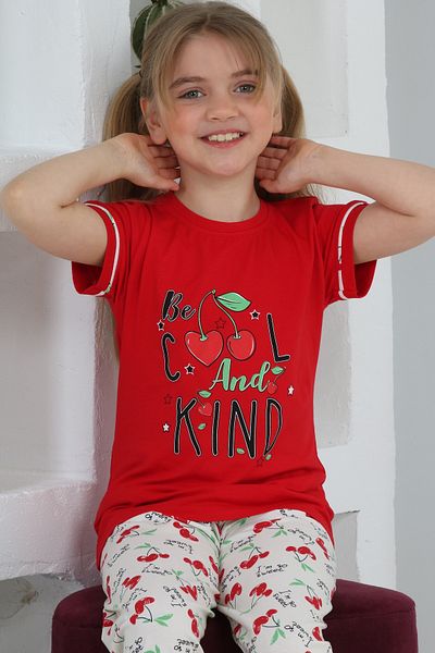 KAPİKİDS Red Short Sleeve Pajama Set - Cherry Print, Crew Neck, Girl