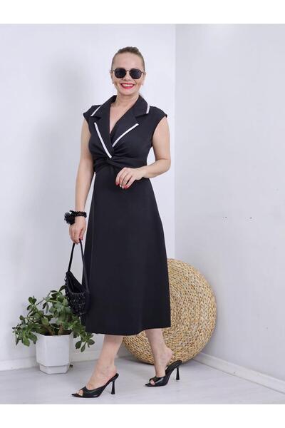 Felix Butik FELİX12034 Yaka Biyeli Kruvaze Ara Boy Siyah Elbise