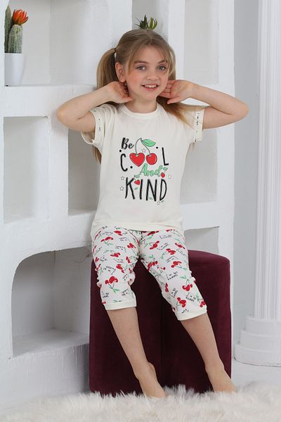 KAPİKİDS Ecru Girl's Pajama Set - Short Sleeve, Crew Neck, Cherry Print