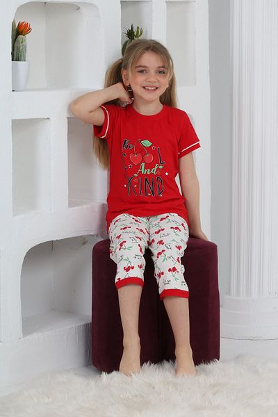 KAPİKİDS Red Short Sleeve Pajama Set - Cherry Print, Crew Neck, Girl