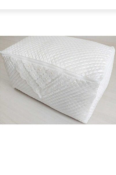 AYHOME İncili  Saten  Beyaz  Kazak  Hurcu  Kapitoneli  Çeyizlik  Bohçalık  40 x 30 x 20 Cm Küçük  Boy  Hurç