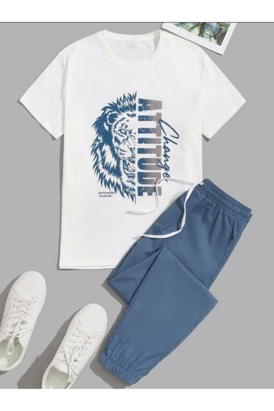 LA VESTİTİ Unisex White Printed T-shirt + Blue Jogger Tracksuit Set