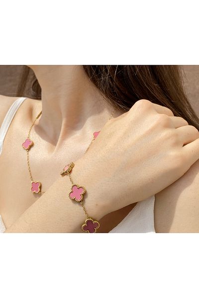Inure Jewelry Van Cleef Pink Clover Model Women's Steel (NECKLACE & BRACELET) Set of 2