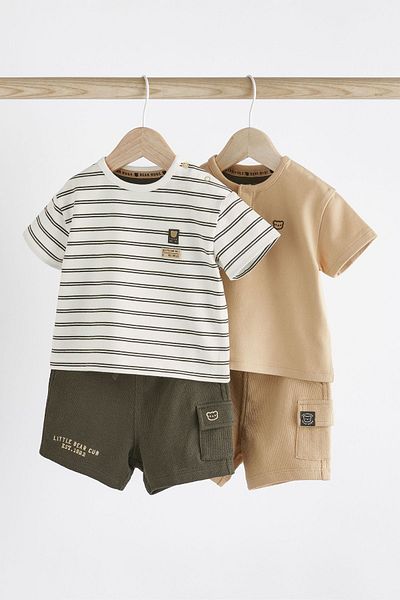Next Baby Set of 2 with Brown Striped Cotton Shorts - Short Sleeve