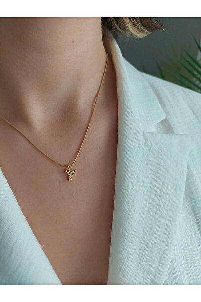 LUCKY ACCESSORIES Çelik zirkon Taşlı Harf Kolye Y Harfi