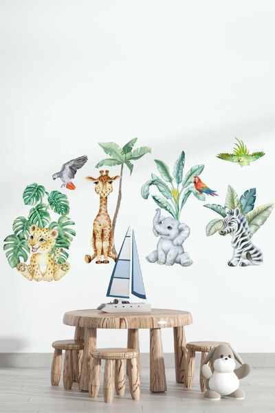 Kt Grup Safari Dünyası Yavru Hayvanlar Ve Tropikal Yapraklar Çocuk Odası Duva...