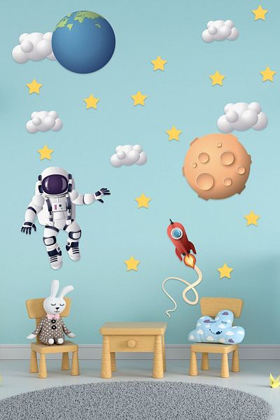 Tilki Dünyası Autocolant de perete pentru camera copiilor astronaut, pământ, meteorit, nori și stele