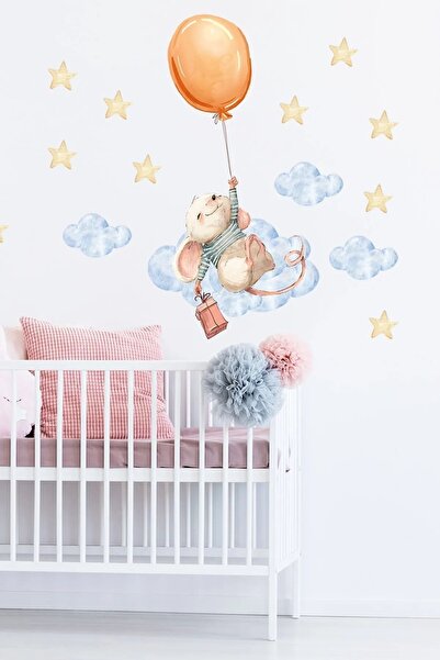 Sim Tasarım Balonlu Minik Fare Duvar Sticker Seti