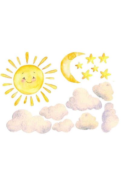 Kt Grup Watercolor Sun Clouds Stars and Moon Wall Sticker Set