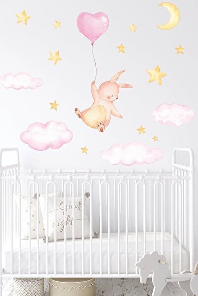 Kt Grup Kız Çocuk Odası Balonlu Tavşan Pembe Bulutlar Ve Yıldızlar Duvar Sticker