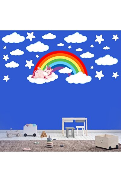 Kt Grup ملصق غرفة البنات بألوان قوس قزح، وحيد القرن النائم، والسحاب، والنجوم