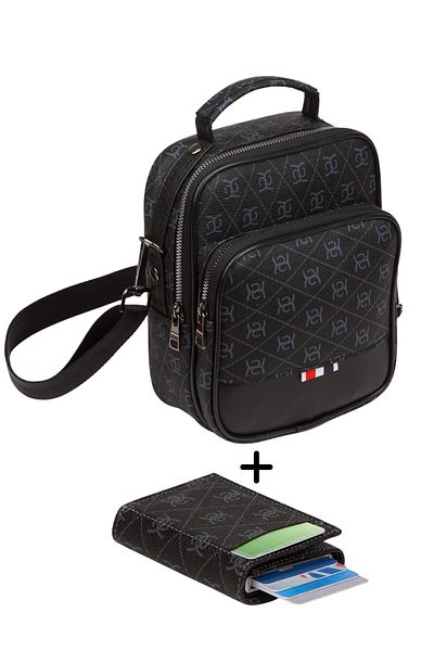 Newish Men's Black Patterned Hand and Shoulder Bag and Mechanical Wallet Set