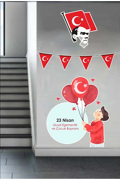Kt Grup April 23 Atatürk and Kids School Nursery Glass Wall Decoration Sticker Set