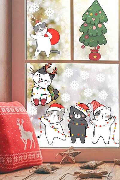 Kt Grup Autocolant de perete pentru fereastră de Anul Nou cu tematică pisici și fulgi de zăpadă