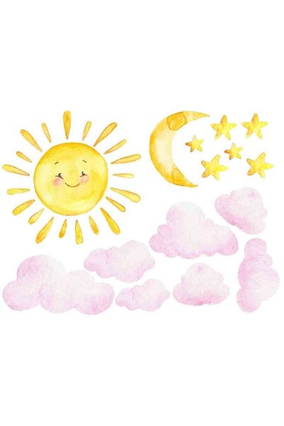 Kt Grup Watercolor Sun Clouds Stars And Moon Wall Sticker Set