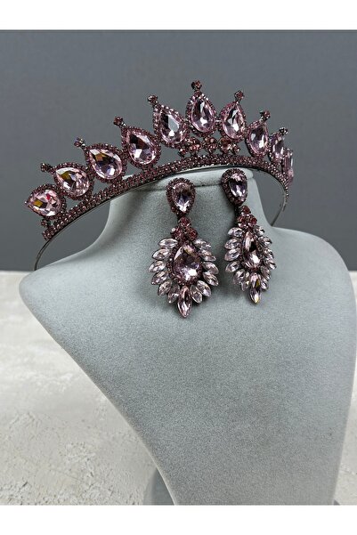 Limelia مجموعة أقراط مكوكية لحفلات الزفاف وتاج الحناء باللون الوردي