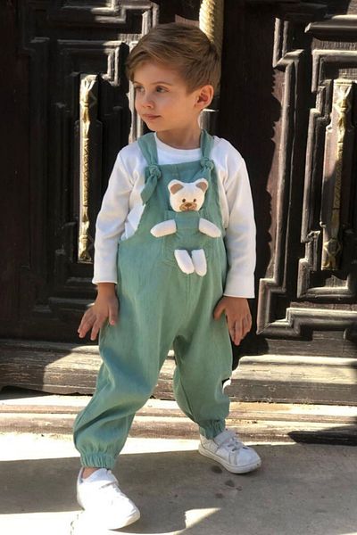 Pollito Unisex Boy Line Ribbed Green Teddy Toy 2-Piece Salopet
