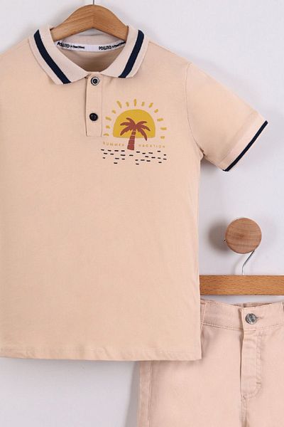 Pollito Boy's Back Printed Polo Collar T-shirt Cotton Shorts 2-Piece Set