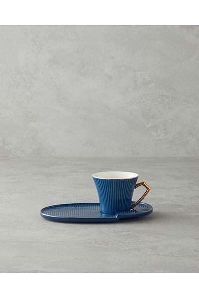 English Home Terra New Bone China Coffee Cup Set with Tray Navy Blue