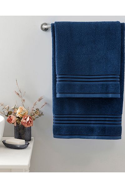 English Home Romantikus csíkos flush fürdőlepedő szett 50x85cm + 70x150cm sötétkék