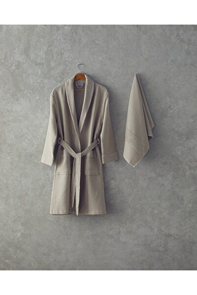 English Home Beige Colored 100% Cotton Como Pique Bathrobe Set