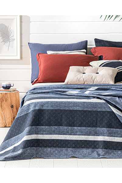 English Home Denim Stripe Baskılı Tek Kişilik Pike Lacivert