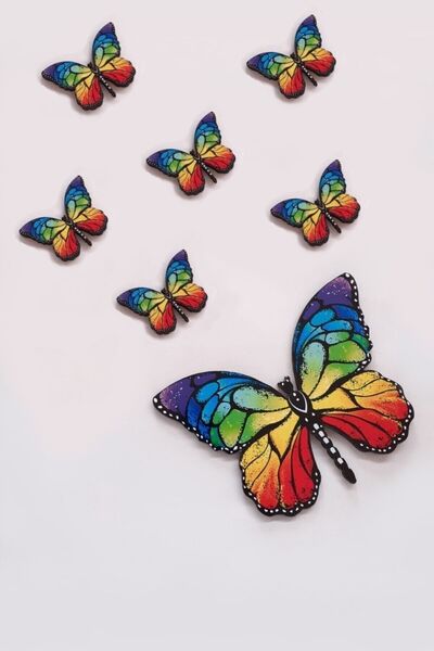 AKIN AKSESUAR HEDİYELİK Kelebek Figürlü Rengarenk Ahşap Duvar Yapıştırma Süsü...