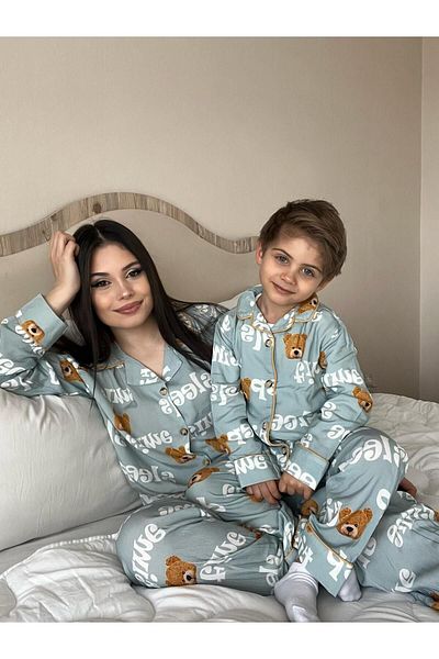 Pollito Унисекс комплект долна горна пижама с копчета отпред със синьо плюшено мече с шарки за спане от 3 части