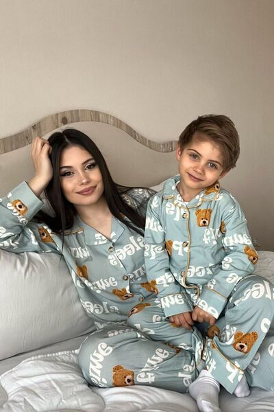 Pollito Unisex Çocuk Önü Düğmeli Mavi Ayıcık Sleep Desenli 2 Parça Pijama takımı