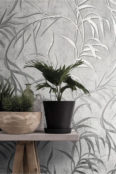 Bien Duvar Kağıtları Bien Exclusive 5363 Modern Bej Gümüş Palmiye Tropikal Pr...