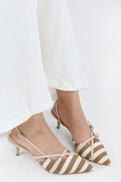 Shoeberry Lněné pruhované lněné hnědé dámské jehlové podpatky