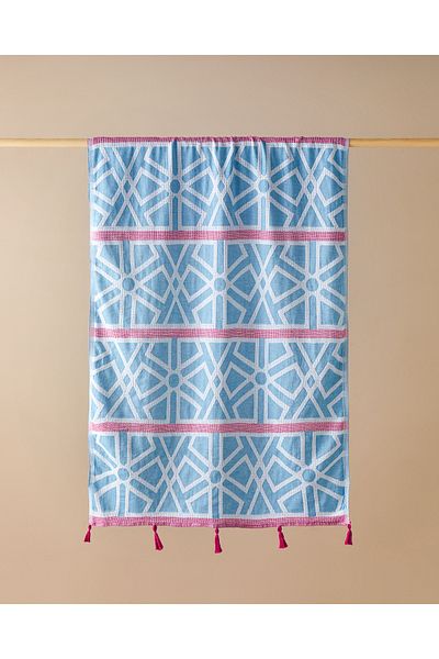 English Home Peshtamal cu ciucuri din bumbac zigzag albastru-fucsia