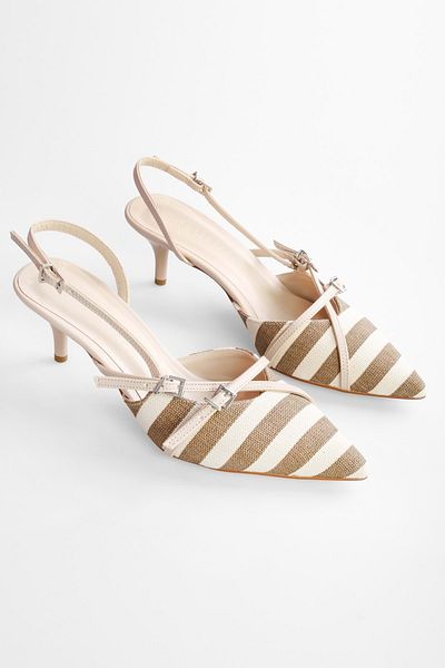 Shoeberry Leinen Gestreift Flachs Braun Damen Stiletto - Heels